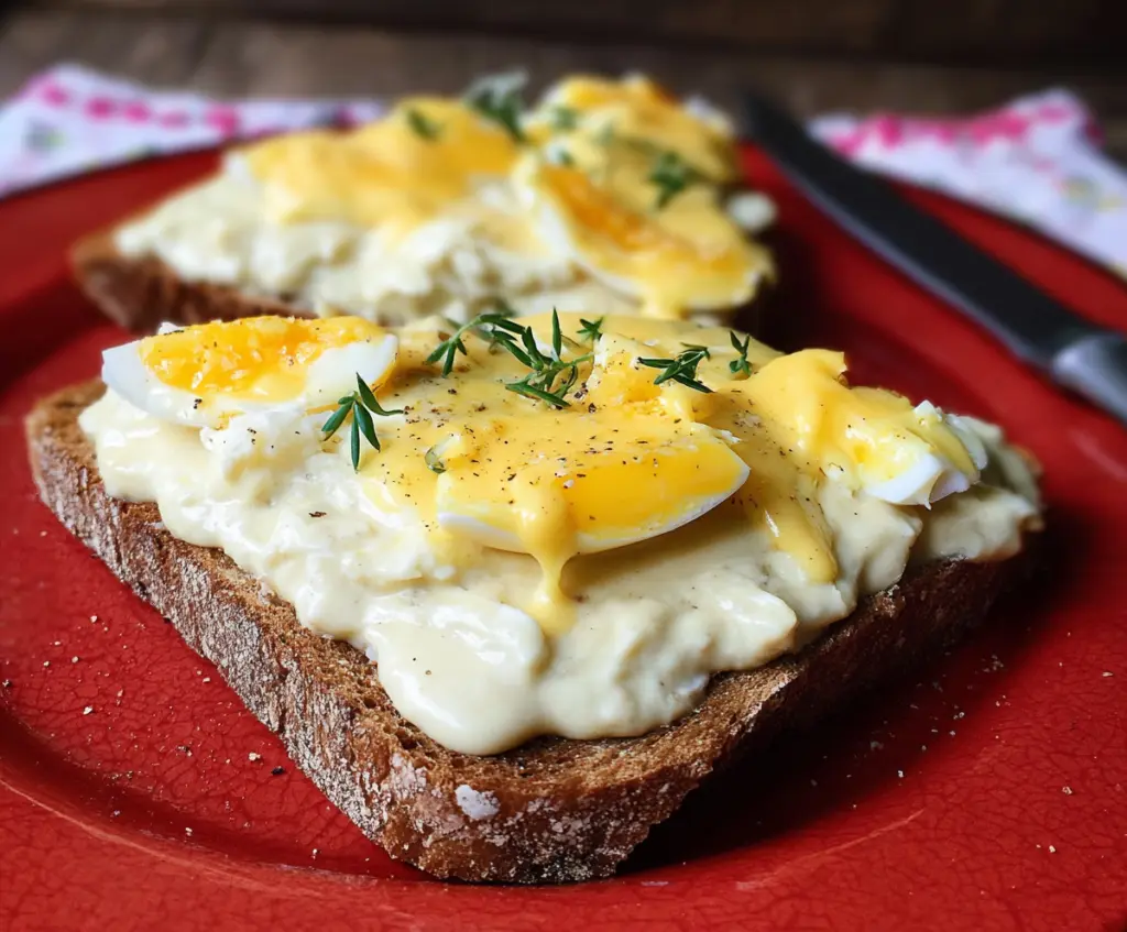 Delicious creamed eggs on toasted bread with a creamy, savory topping perfect for breakfast.
