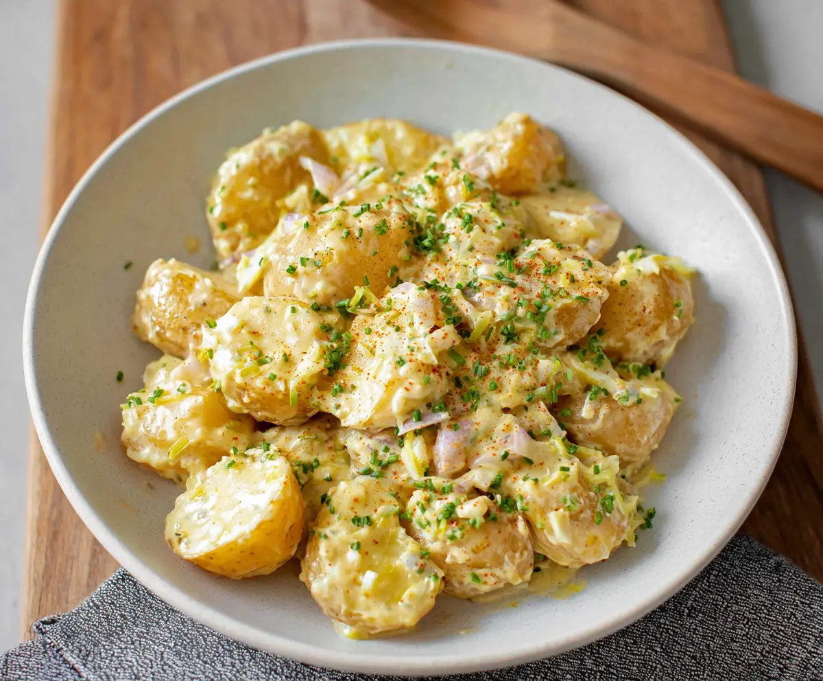 Image of creamy mustard potatoes garnished with fresh herbs, served as a flavorful side dish.
