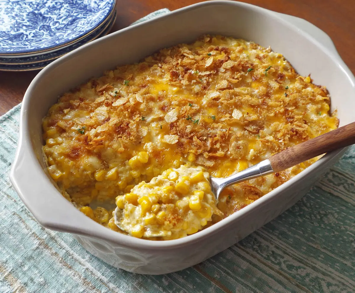 Delicious creamy scalloped corn served on a plate, perfect for family dinners and holiday meals