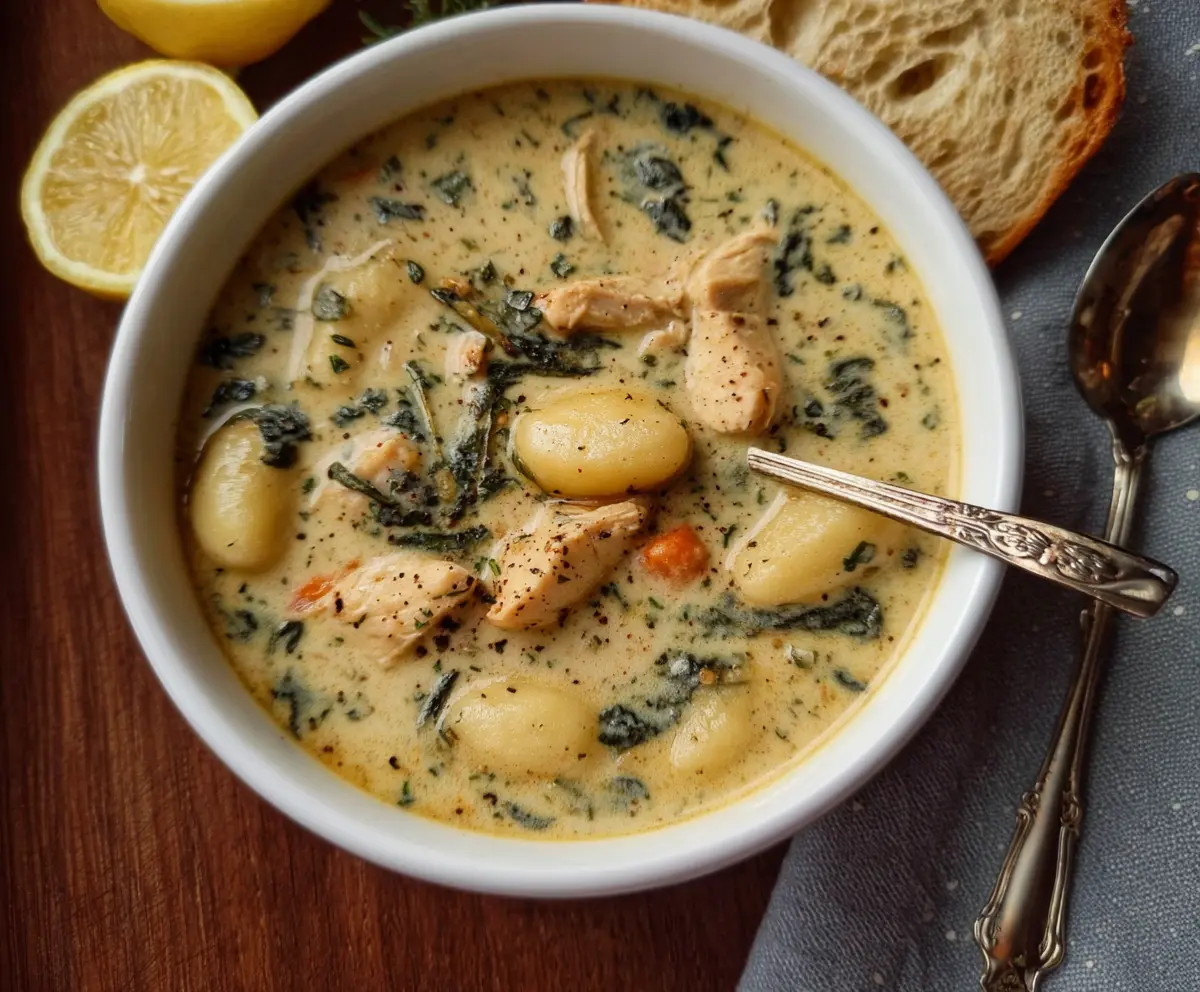 Creamy Winter Lemon Chicken Gnocchi Soup in a bowl, garnished with herbs