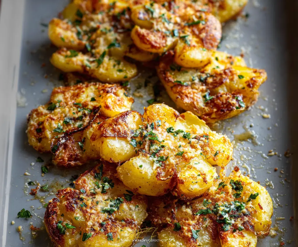 Golden crispy garlic butter Parmesan smashed potatoes served on a plate, garnished with herbs.