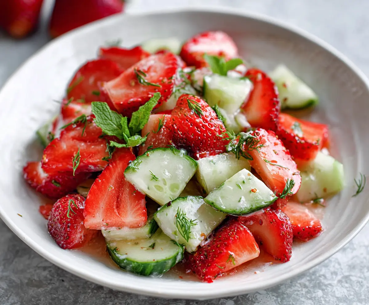 Fresh cucumber and strawberry salad in a bowl, vibrant and colorful, perfect for a healthy summer dish.