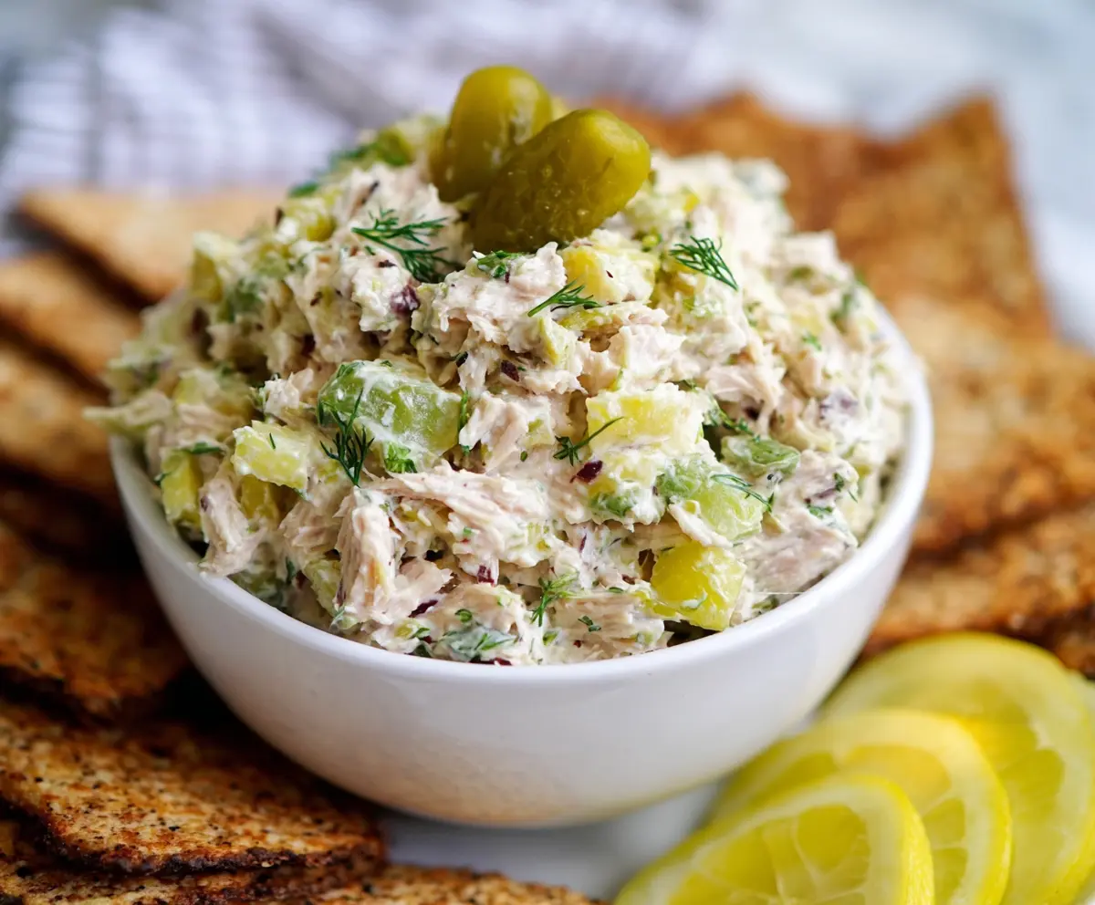 Refreshing Dill Pickle Tuna Salad with fresh ingredients and herbs, perfect for a healthy lunch.