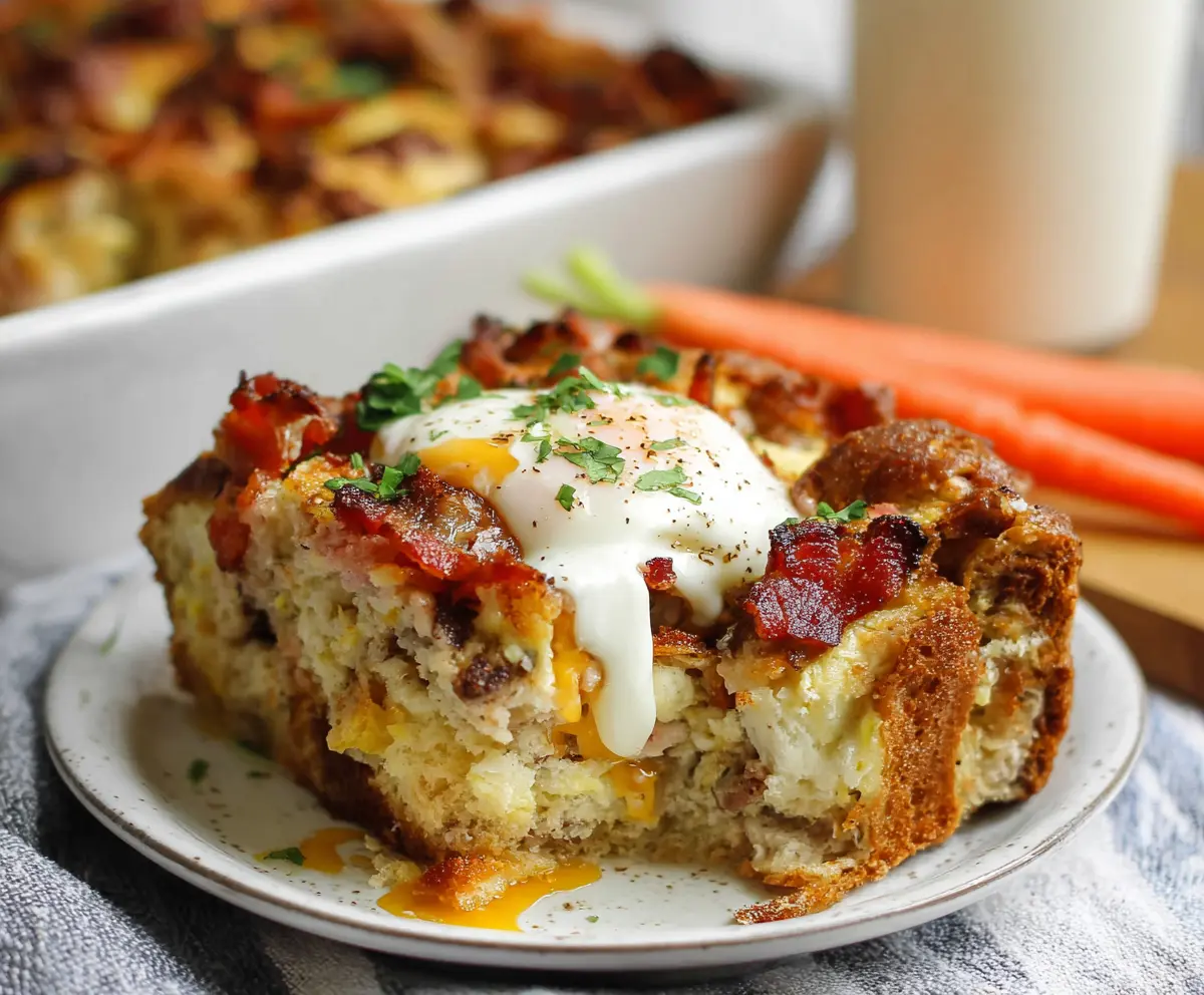 Delicious Easter Breakfast Bake with eggs, cheese, and herbs on a festive table.