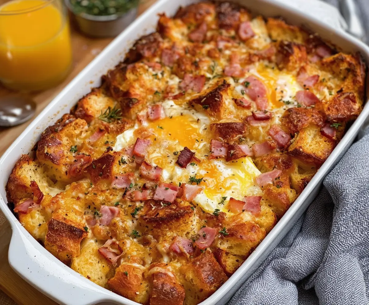 Delicious Easter Cheesy Ham and Egg Casserole with melted cheese and ham slices