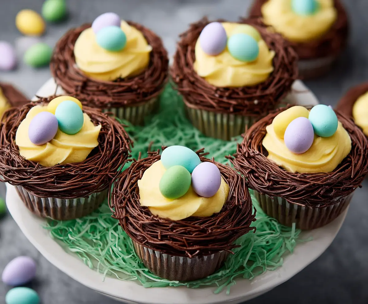 Delicious Easter Egg Nest Cupcakes topped with colorful candies and mini chocolate eggs for a festive celebration.