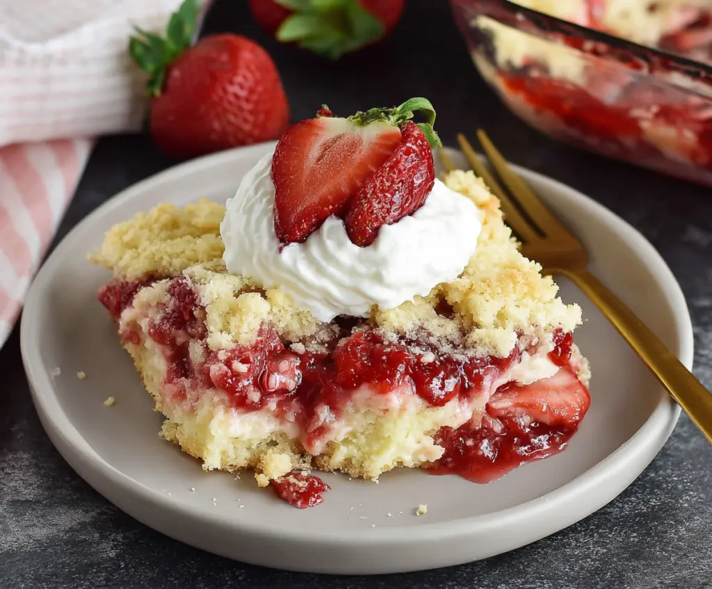 Easter Strawberry Cheesecake Dump Cake with fresh strawberries and creamy cheesecake topping.