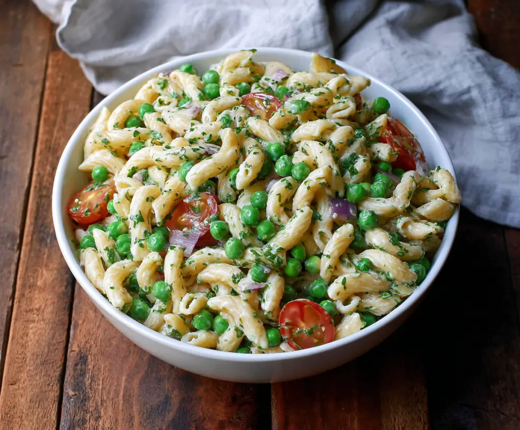 Fresh English Pea Pasta Salad with vibrant vegetables and creamy dressing