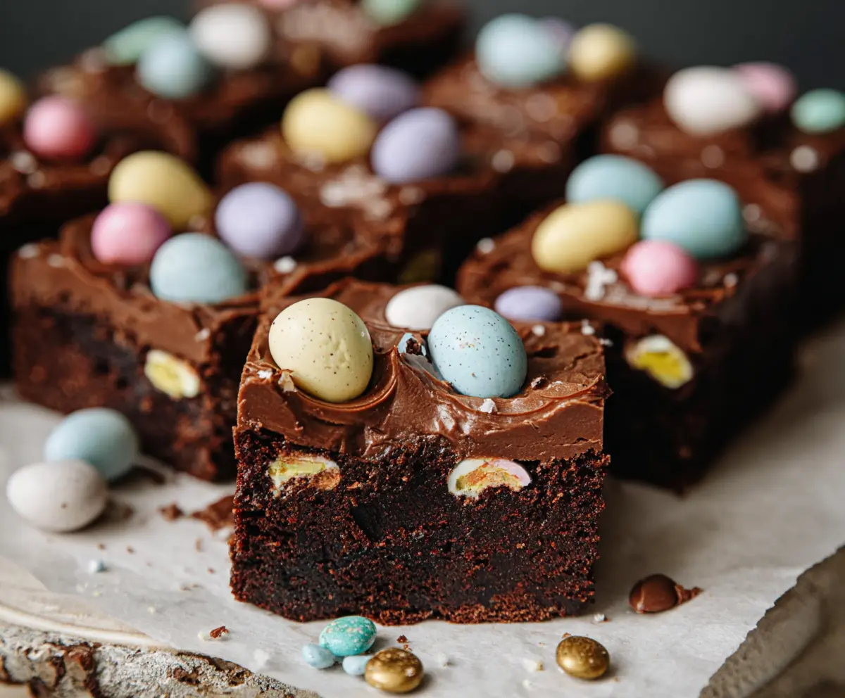 Delicious Frosted Mini Egg Easter Brownies with colorful mini eggs on top for a festive celebration.