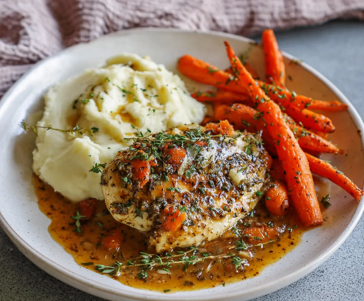 Delicious garlic herb chicken served with creamy mashed potatoes and glazed carrots on a plate.