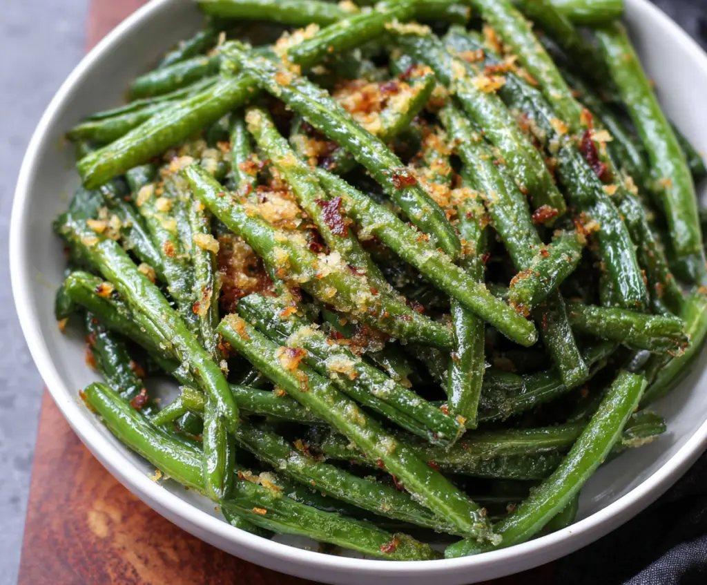 Delicious garlic Parmesan green beans, freshly cooked and garnished with grated Parmesan cheese.