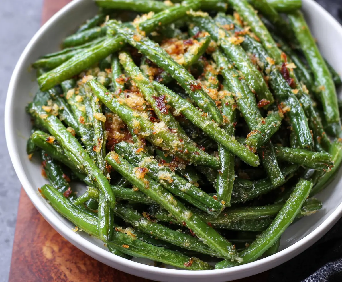 Delicious garlic Parmesan green beans, freshly cooked and garnished with grated Parmesan cheese.