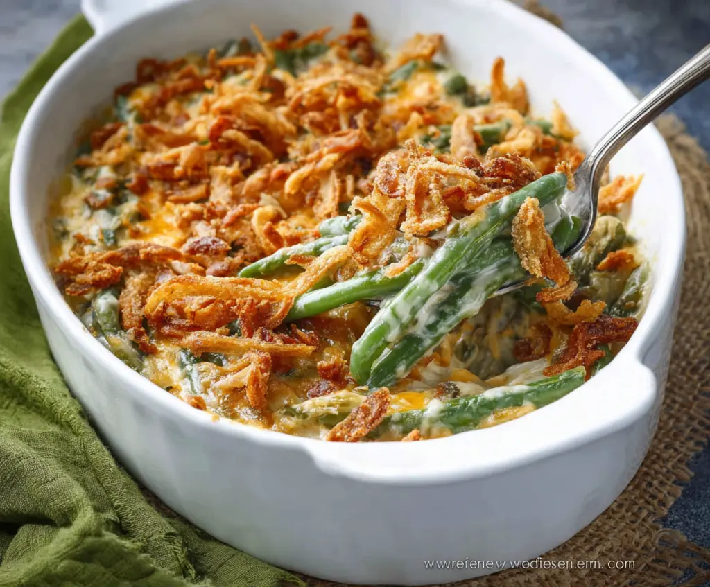 Delicious homemade Green Bean Casserole with crispy onion topping