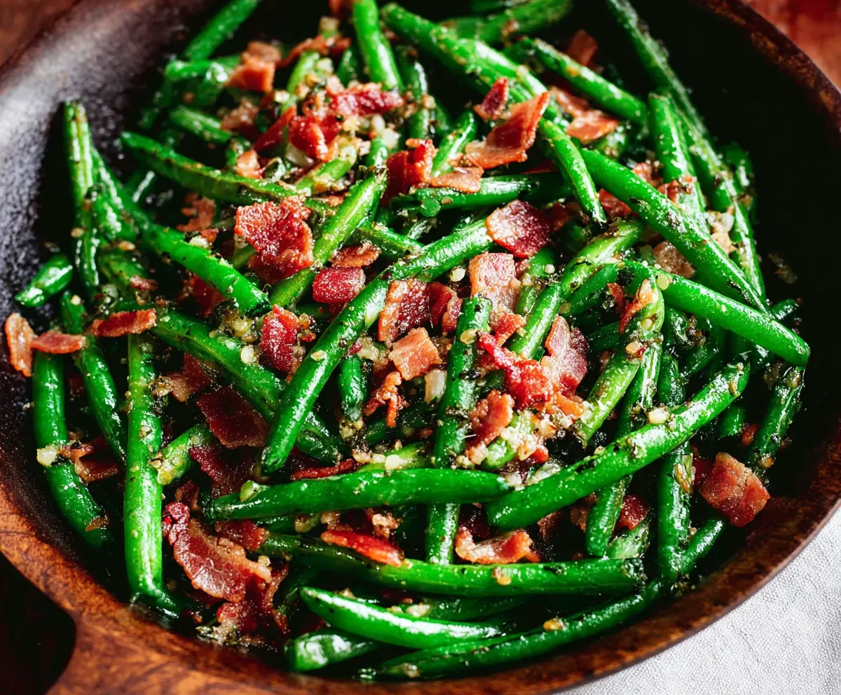 Fresh green beans cooked with crispy bacon for a savory side dish.