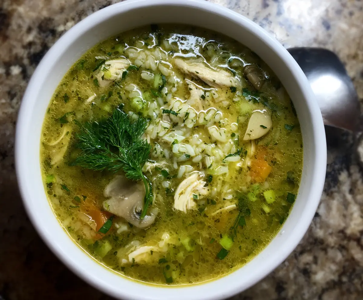 Delicious Green Garlic and Ginger Chicken and Rice Soup served in a bowl, highlighting fresh herbs and tender chicken pieces.