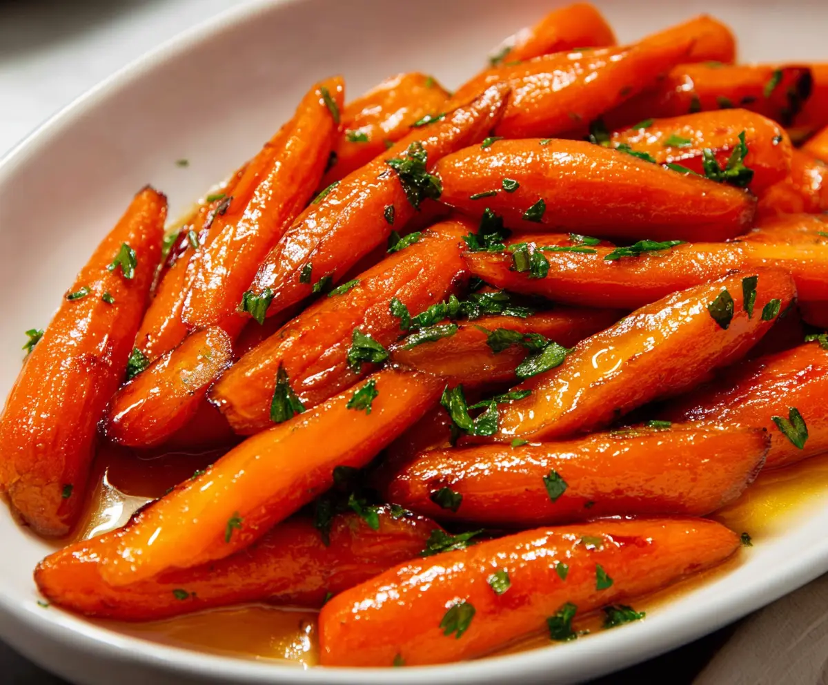 Delicious honey glazed carrots garnished with fresh herbs, served as a perfect side dish.