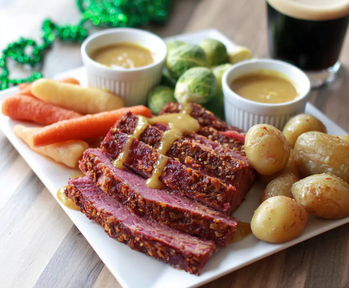 Delicious Instant Pot corned beef with mustard glaze served on a plate.