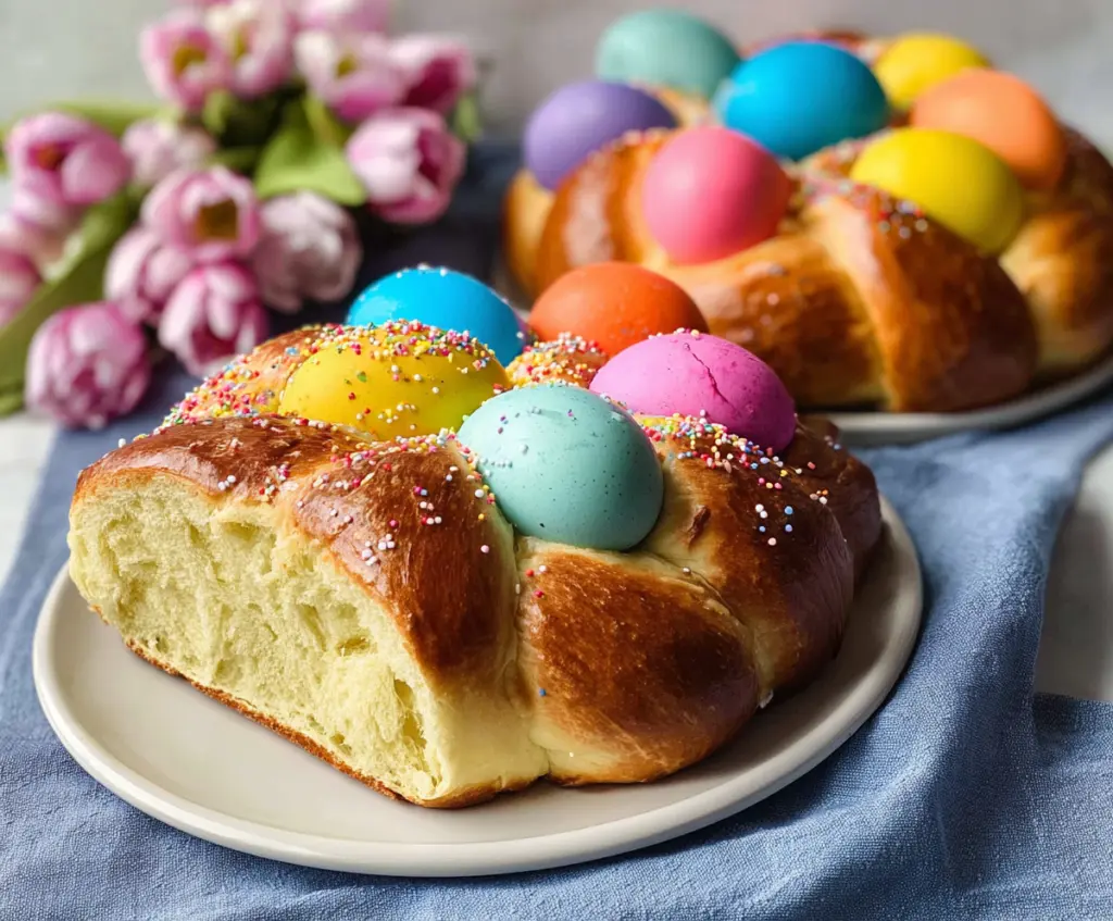 Festive Italian Easter bread decorated with vibrant colored eggs, perfect for holiday celebrations.