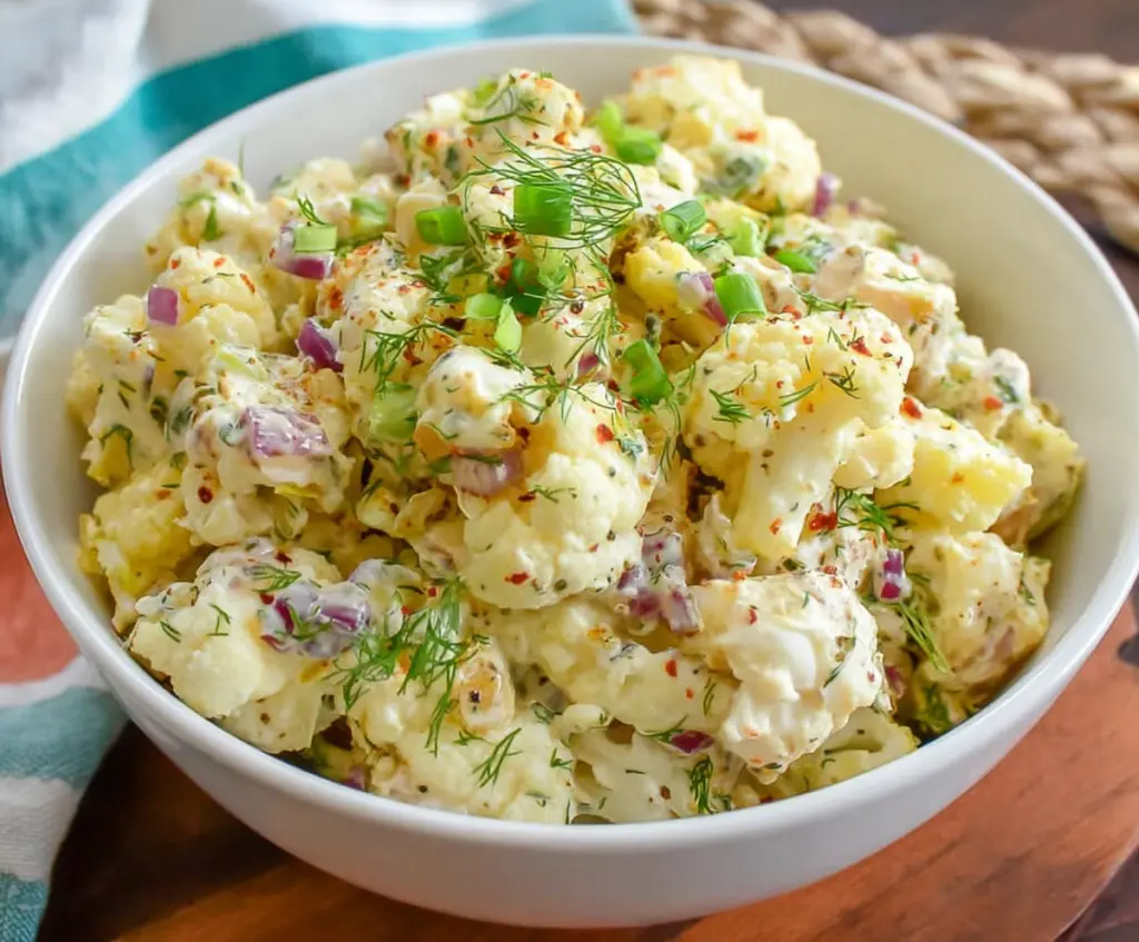 Keto cauliflower potato salad with fresh herbs and creamy dressing, low-carb vegetarian dish.