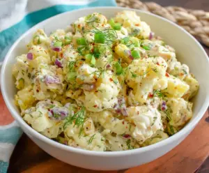 Keto cauliflower potato salad with fresh herbs and creamy dressing, low-carb vegetarian dish.