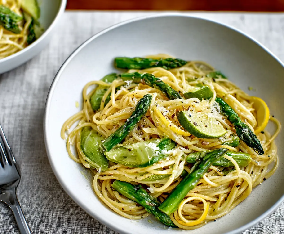 Delicious Lemon Asparagus Pasta garnished with fresh herbs on a white plate