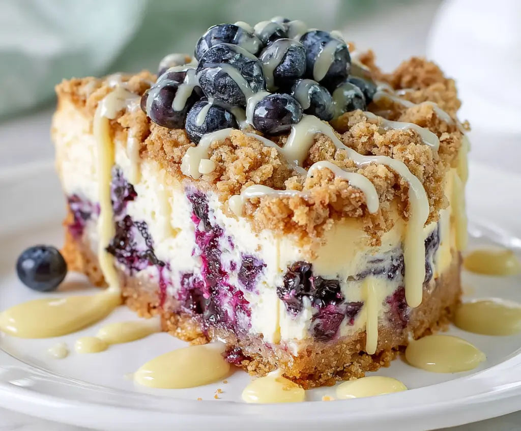 Delicious Lemon Blueberry Crumble Cheesecake with fresh blueberries and a crispy crumb topping.