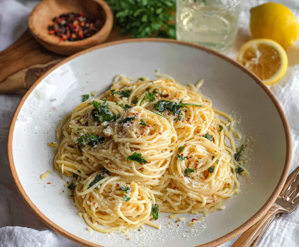 Delicious Lemon Butter Garlic Pasta served on a plate with fresh herbs