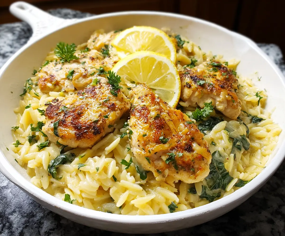 Delicious lemon chicken served with hearty orzo pasta, garnished with fresh herbs.