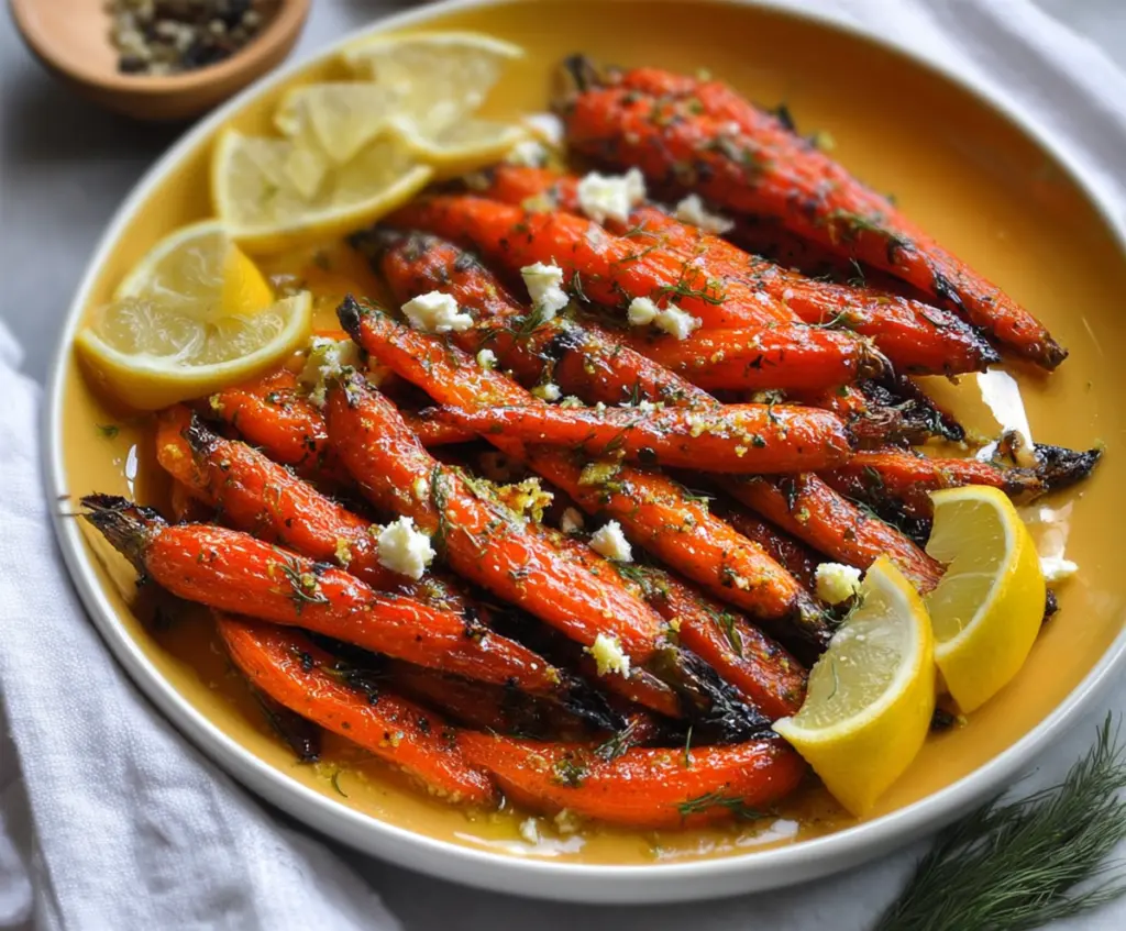Delicious Lemon Dijon Roasted Carrots garnished with fresh herbs on a plate.