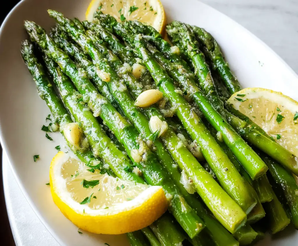 Fresh lemon garlic asparagus roasted to perfection on a white plate, vibrant green with hints of lemon zest.