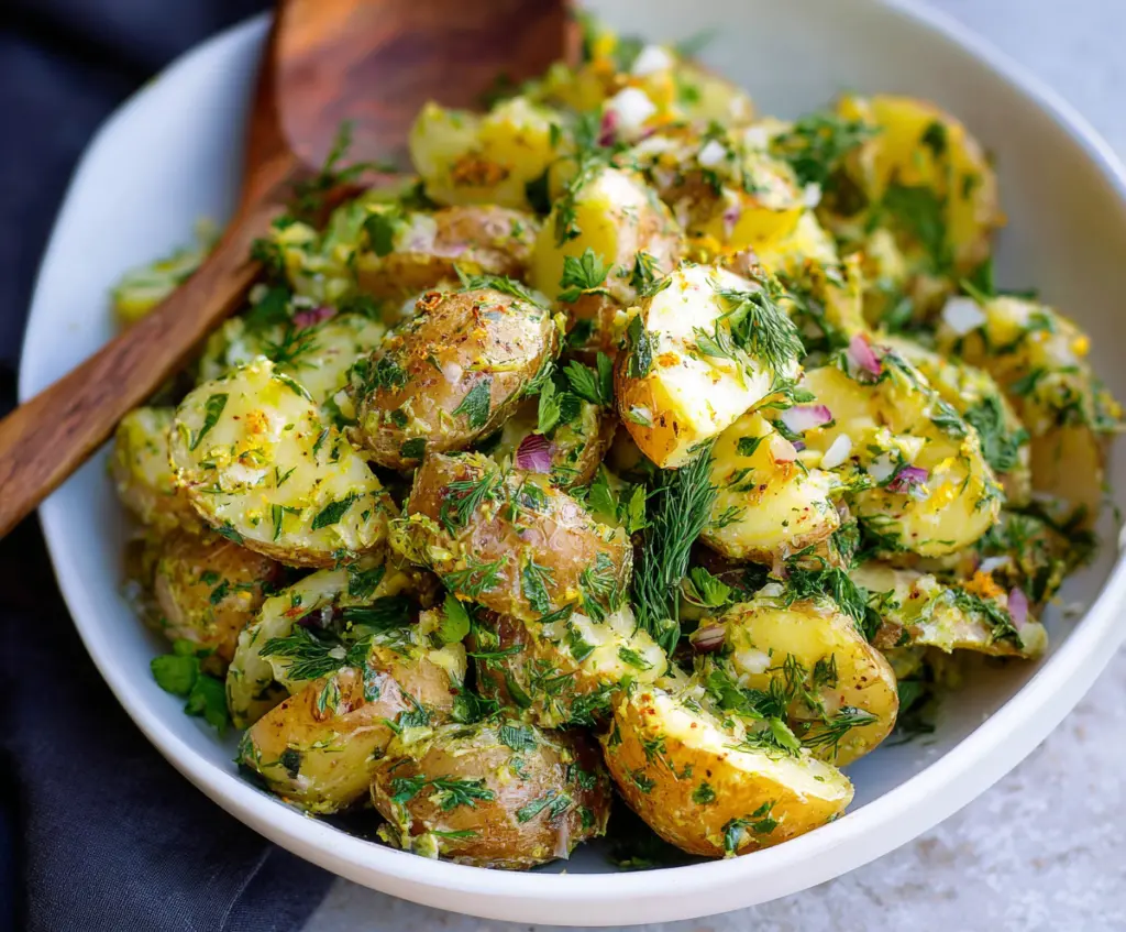 Fresh Lemon Herb Potato Salad with vibrant greens and herbs, perfect for summer picnics.