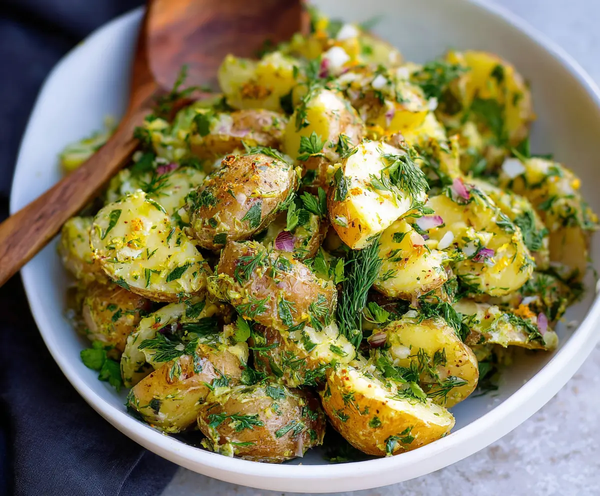 Fresh Lemon Herb Potato Salad with vibrant greens and herbs, perfect for summer picnics.