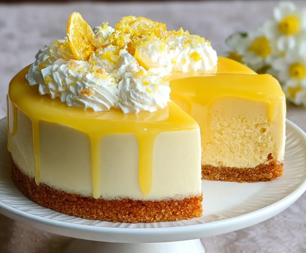 Delicious Lemon Mousse Cake with a creamy texture and zesty lemon flavor, perfect for dessert.