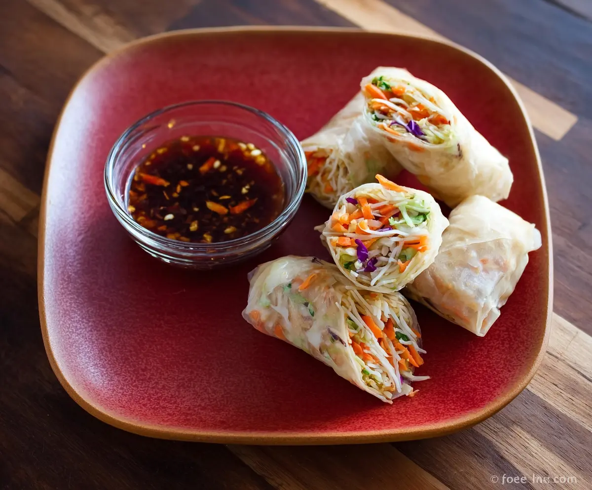 Delicious Lo Mein Spring Rolls filled with vegetables and noodles, served with dipping sauce.