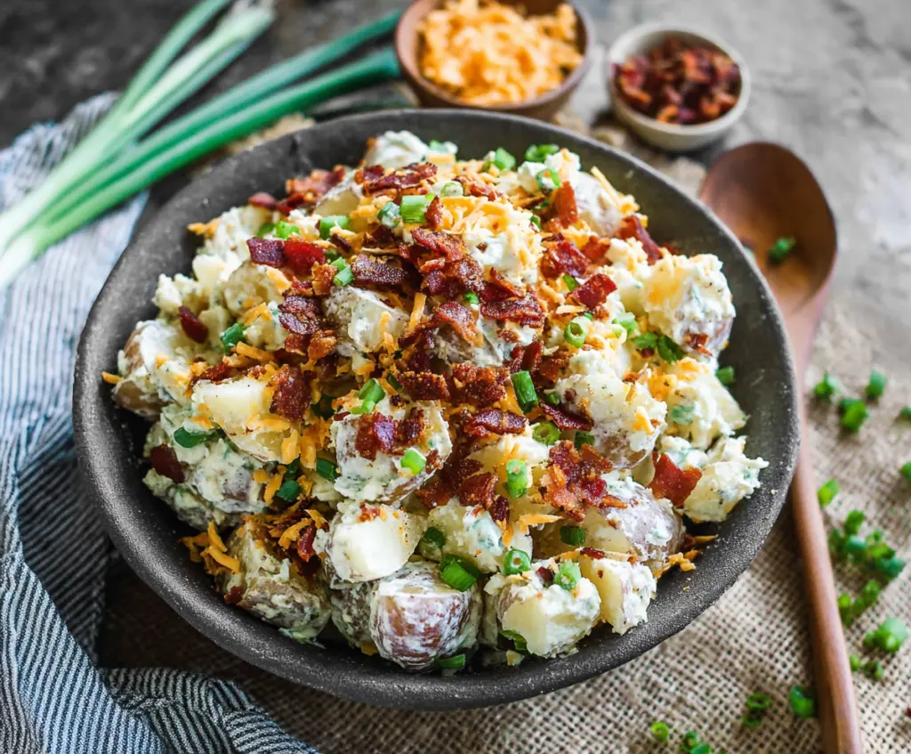 Creamy loaded potato salad with bacon, cheese, and green onions topped on a plate.
