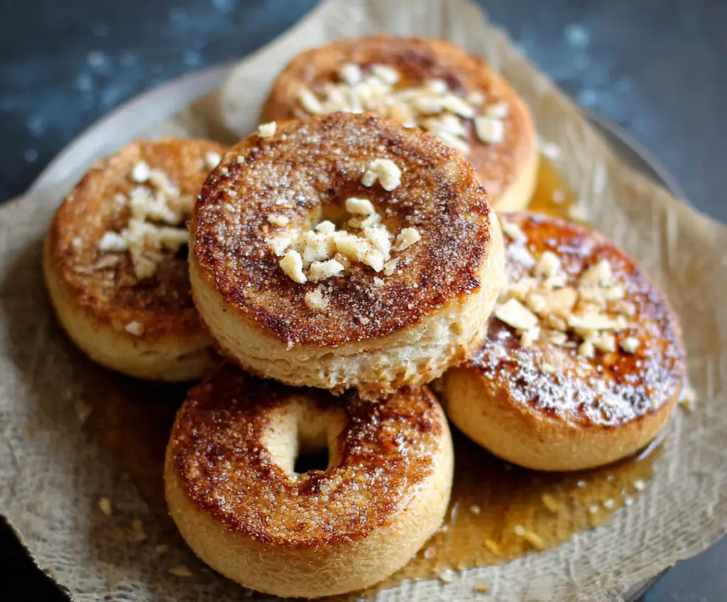 Delicious maple French toast bagels topped with syrup and fresh berries for a sweet breakfast treat.
