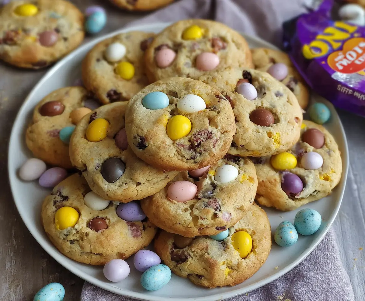 Delicious mini egg cookies with pastel chocolate eggs and crunchy texture.