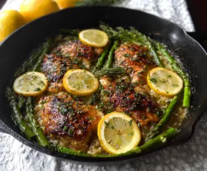 Delicious one pan lemon herb chicken with fresh asparagus on a skillet