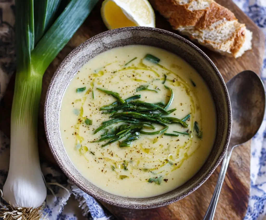 Creamy One Pot Leek and Potato Soup in a rustic bowl, garnished with fresh herbs.
