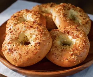 Fresh homemade onion bagels topped with crispy onions and seeds.