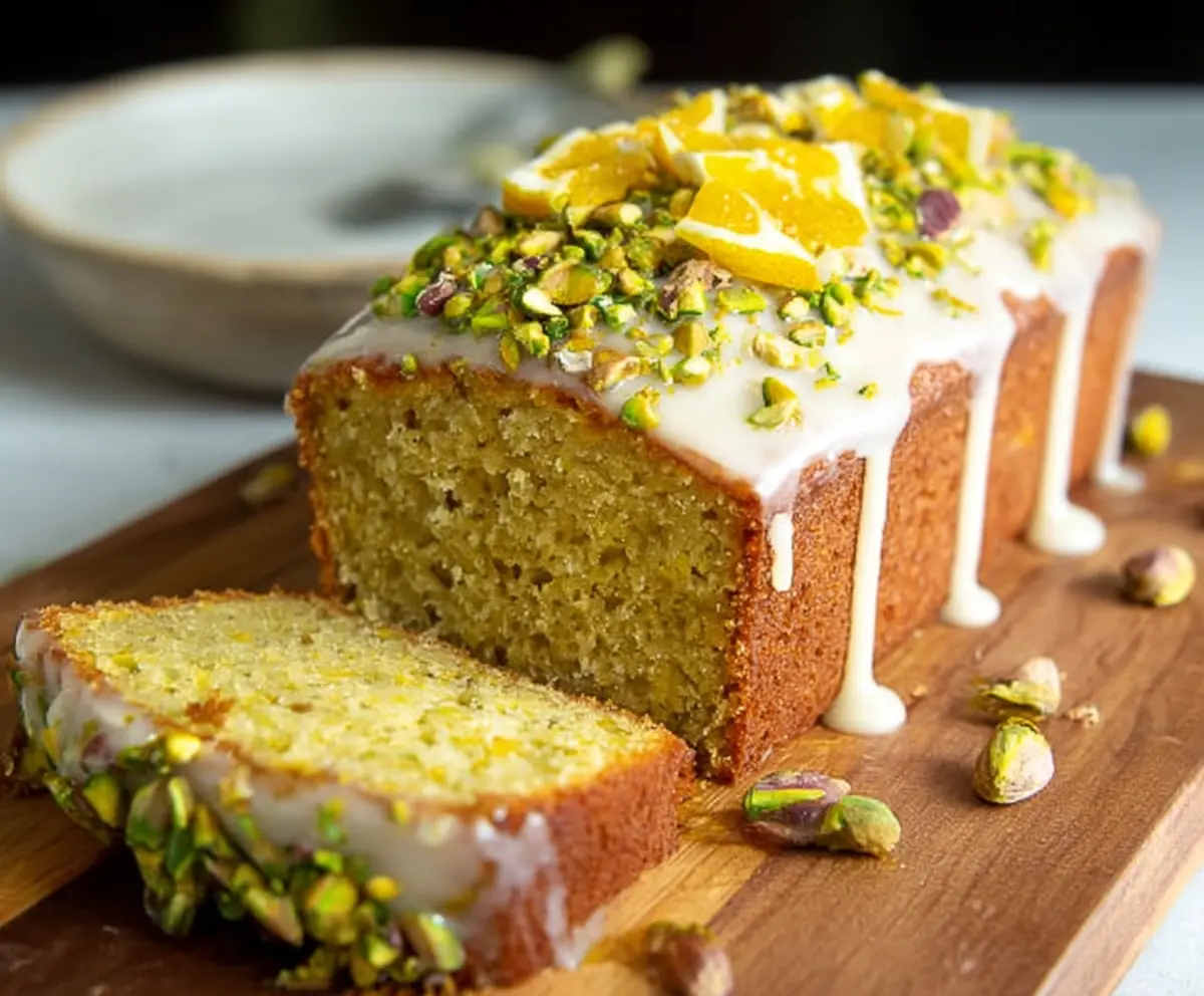 Delicious pistachio lemon pound cake with a golden crust and fresh lemon zest topping.