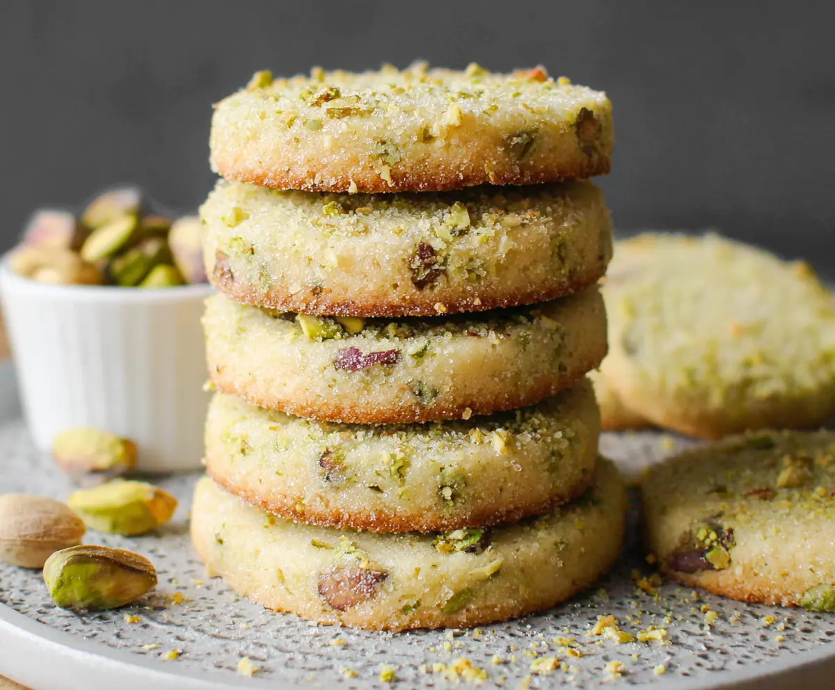 Delicious homemade pistachio shortbread cookies with a golden center and green pistachio toppings.
