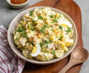 Creamy potato salad with chopped herbs and hard-boiled eggs, perfect for summer picnics.