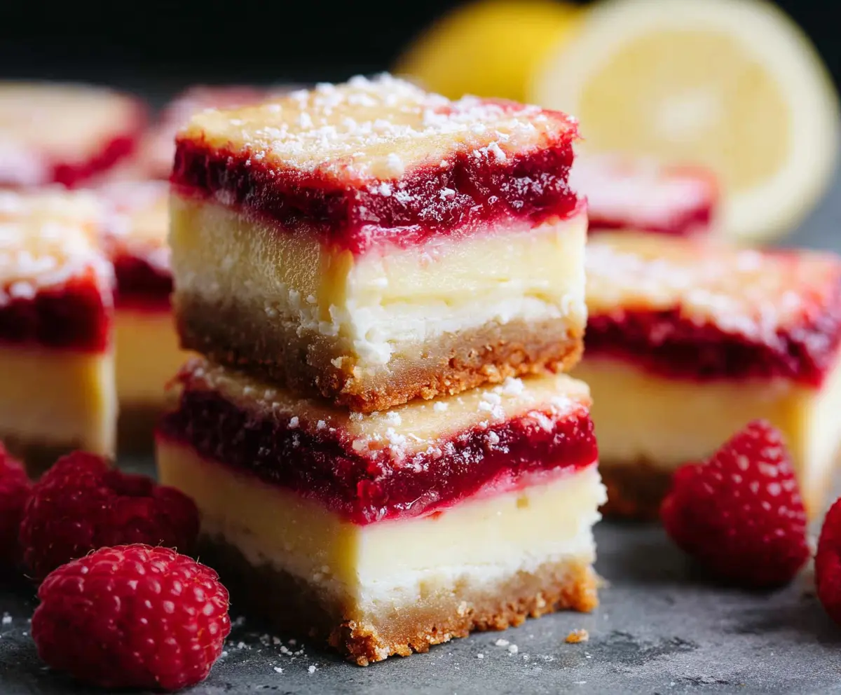 Delicious Raspberry Lemon Cheesecake Bars with a crumbly crust and fresh raspberry topping.