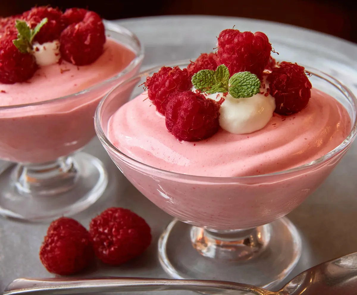 Delicious Raspberry Mousse dessert with fresh raspberries and whipped cream.