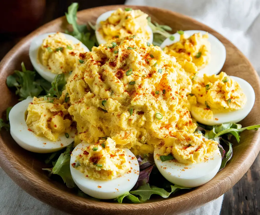 Fresh Salad Deviled Eggs garnished with herbs on a white platter for a healthy appetizer