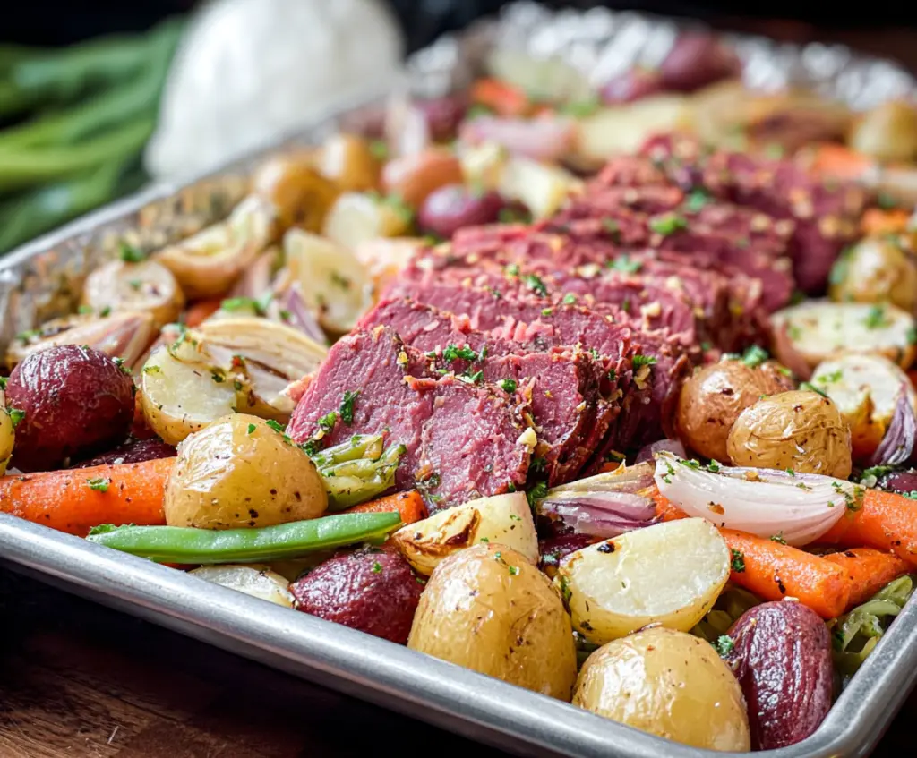 Delicious sheet pan corned beef with crispy potatoes and colorful vegetables, perfect for a hearty meal