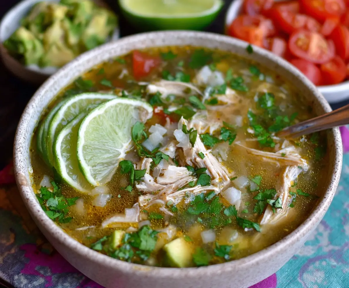 Delicious Slow Cooker Mexican Chicken Lime Soup in a bowl with fresh herbs and lime wedges