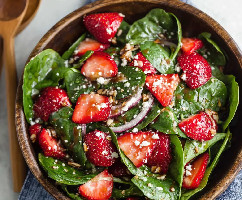 Fresh spinach and sweet strawberries in a vibrant spinach strawberry salad.