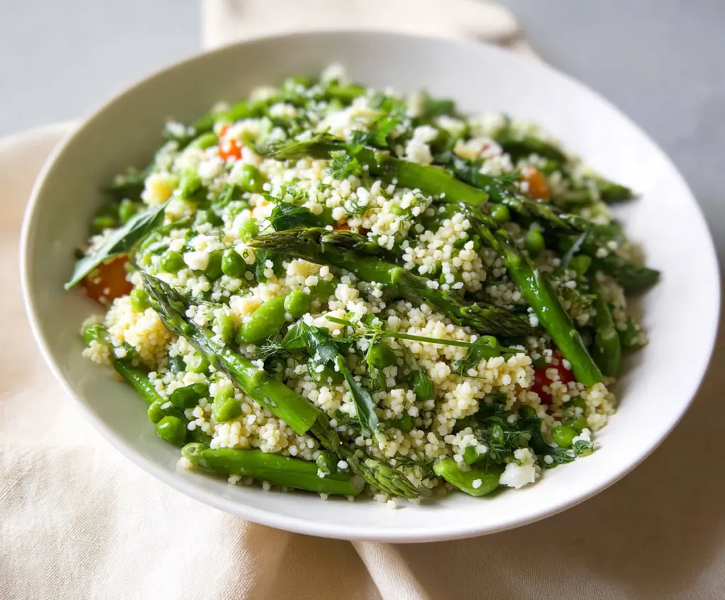 Colorful spring couscous salad with fresh vegetables and herbs in a bowl.